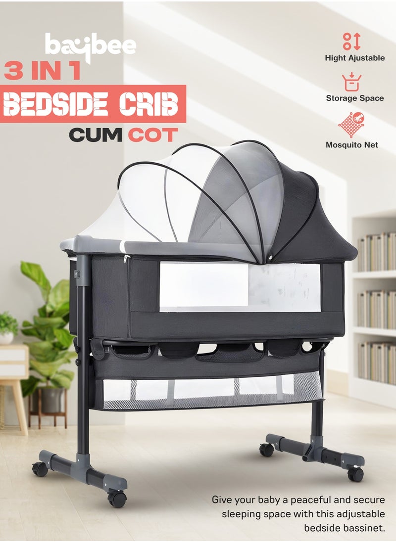 BAYBEE Baybee Premium Baby Bedside Crib Cradle With Height Adjustable Baby Bed with Mattress, Baby Cradle Foldable Bassinet Sleeper Detachable Mosquito Net, Portable Travel Baby Crib for Infant/Newborn-Grey  - Image 5