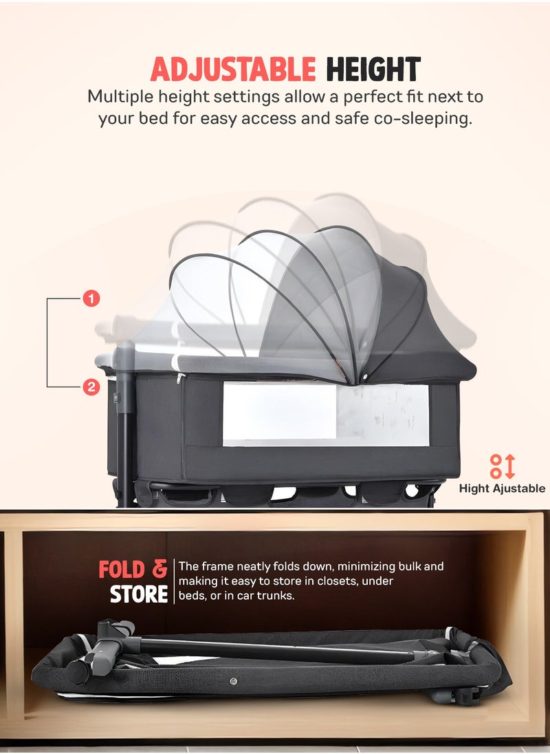 BAYBEE Baybee Premium Baby Bedside Crib Cradle With Height Adjustable Baby Bed with Mattress, Baby Cradle Foldable Bassinet Sleeper Detachable Mosquito Net, Portable Travel Baby Crib for Infant/Newborn-Grey  - Image 4
