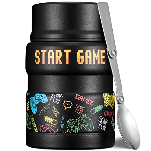 Charcy 17oz Thermo for Hot Food, Insulated Lunch Food Container with Folding Spoon QB - Black Game - Image 1