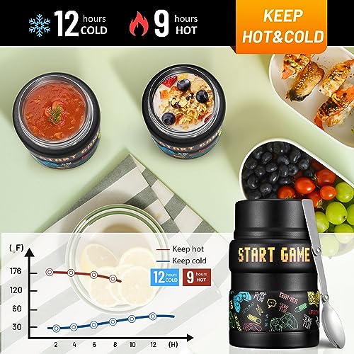 Charcy 17oz Thermo for Hot Food, Insulated Lunch Food Container with Folding Spoon QB - Black Game - Image 4