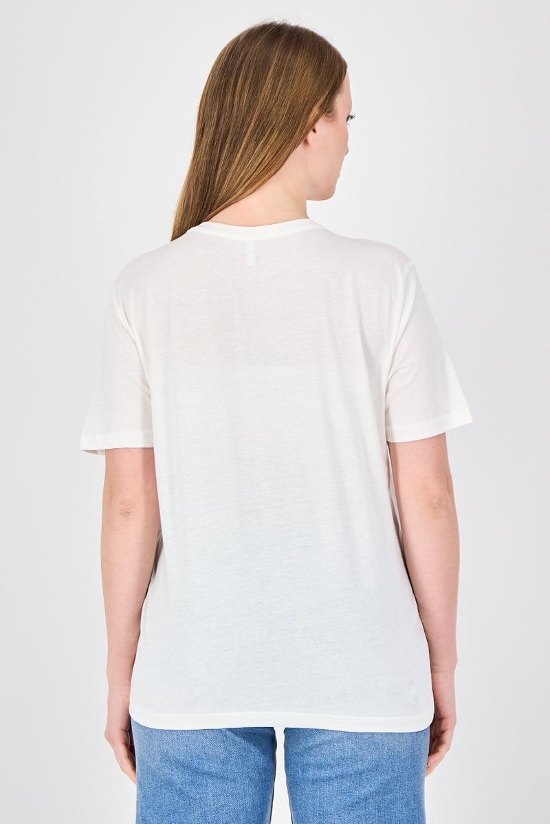 ONLY Women Crew Neck Graphic Print Short Sleeve Top, Ivory - Image 3