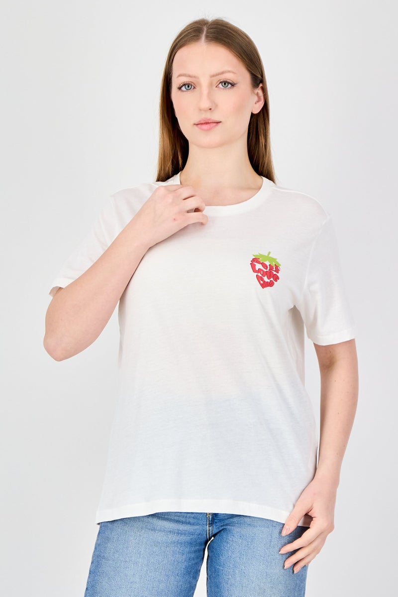 ONLY Women Crew Neck Graphic Print Short Sleeve Top, Ivory - Image 1