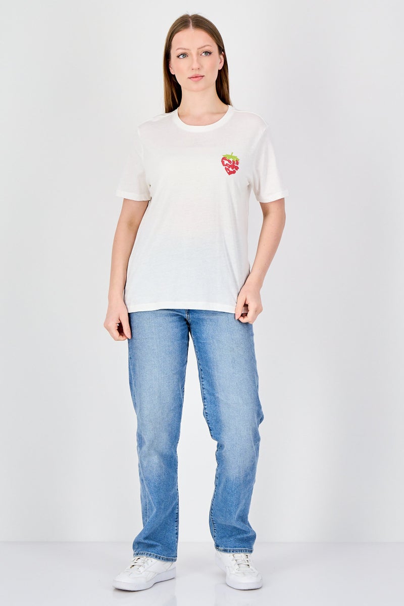 ONLY Women Crew Neck Graphic Print Short Sleeve Top, Ivory - Image 2
