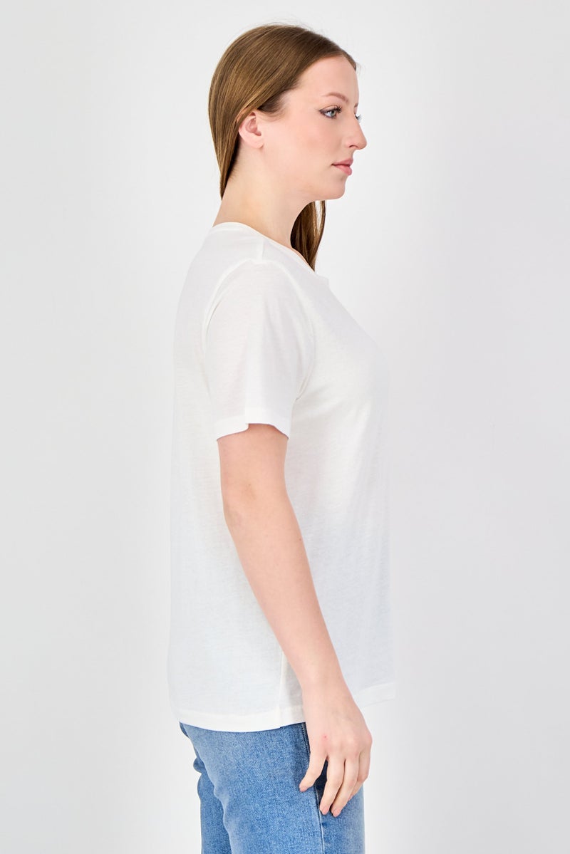 ONLY Women Crew Neck Graphic Print Short Sleeve Top, Ivory - Image 4