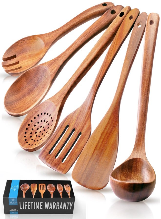 Zulay Kitchen Extra-Large 6-Piece Wooden Spoon Set - Smooth Teak Cooking Utensils - Comfort-Grip Non-Stick Turner, Spatula, Skimmer, Fork, Serving Spoon - Image 1