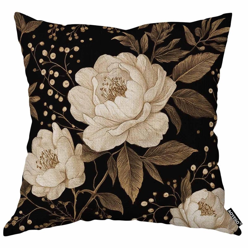 AOYEGO Peonies and Roses Throw Pillow Cover Gold and White Flower Leaves Foliage Berries Oriental Style Luxury Bloom Pillow Case 18x18 Inch Decorative Men Women Room Cushion Cover for Couch - Image 1