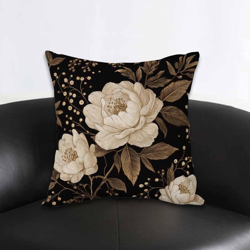 AOYEGO Peonies and Roses Throw Pillow Cover Gold and White Flower Leaves Foliage Berries Oriental Style Luxury Bloom Pillow Case 18x18 Inch Decorative Men Women Room Cushion Cover for Couch - Image 2
