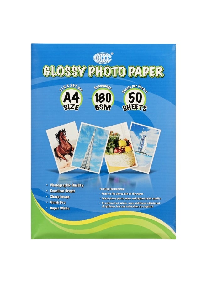 FIS Glossy Photo Paper, A4 Size(210x297mm), 180 Gsm Thickness, 50 Sheets Per Pack-FSPAGP18050N  - Image 1