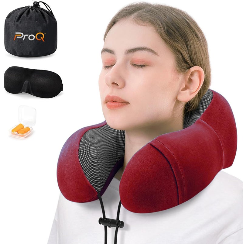 ProQ Neck Pillow for Travelling - Travel Pillow for Flights - Memory Foam Neck Pillow - Travel Neck Rest Pillows - Traveling Pillow for Men, Women Travelling Accessories, Lightweight, Portable, Red - Image 1