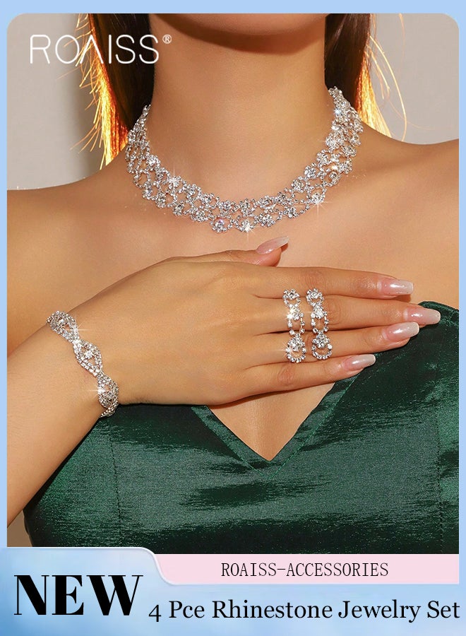 رويس مجموعة مجوهرات فاخرة من 4 قطع من الفضة للنساء، مجموعة مجوهرات زفاف لامعة مزينة بالشراشيب، مناسبة للحفلات والمهرجانات، إكسسوارات أزياء أنيقة - Image 1