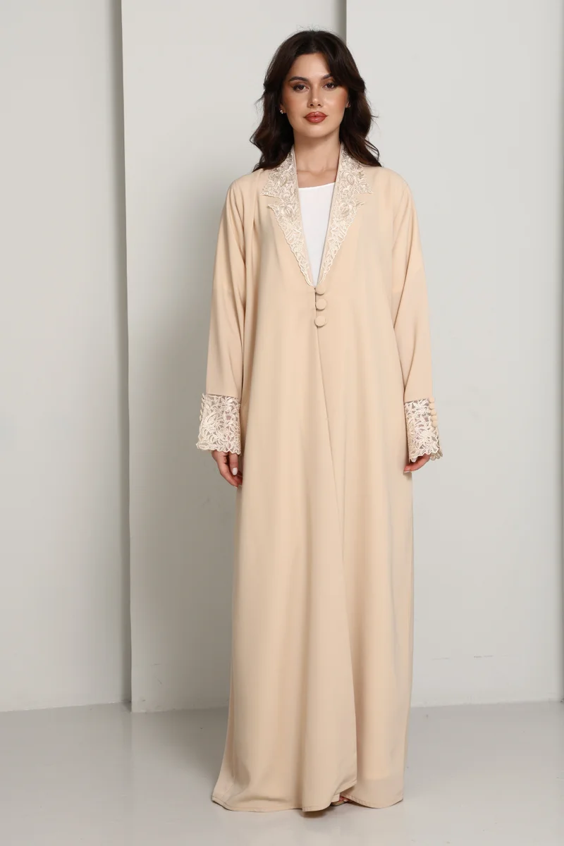 The Sandstone Sovereign â€“ Blazer-Cut Abaya with Guipure Lace Detailing