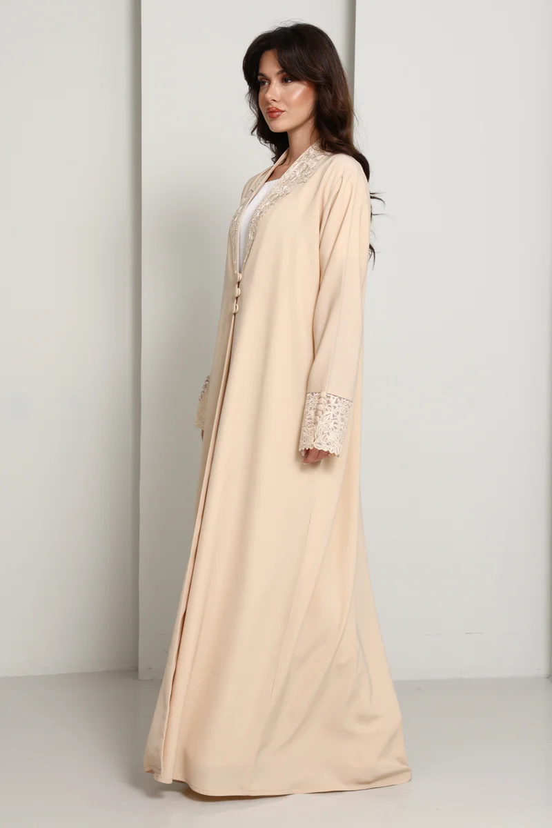 MSquare Fashion The Sandstone Sovereign â€“ Blazer-Cut Abaya with Guipure Lace Detailing
