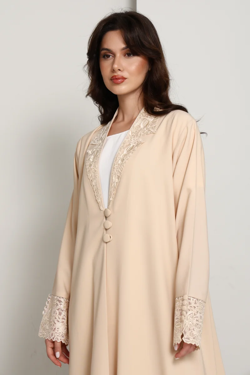 MSquare Fashion  The Sandstone Sovereign â€“ Blazer-Cut Abaya with Guipure Lace Detailing for Women | Best Price UAE