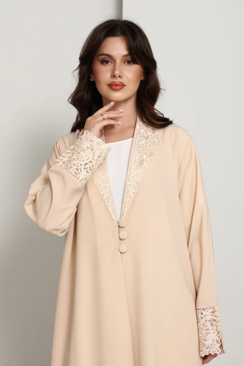 MSquare Fashion  The Sandstone Sovereign â€“ Blazer-Cut Abaya with Guipure Lace Detailing for Women | Best Price UAE