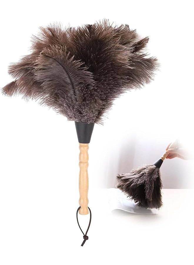 promass Feather Duster Fur Brush Anti-Static with Wood Handle Reusable, Fluffy Natural Feather Duster for Cleaning Supplies Washable, Keyboard, Home, Car, Office - Image 1