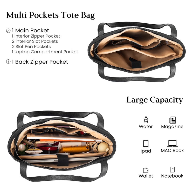 befen Black Genuine Leather Tote Bag for Women Work, Women's Leather Shoulder Bags Purses Satchel Handbags with Top Handles Work Purse - Image 4