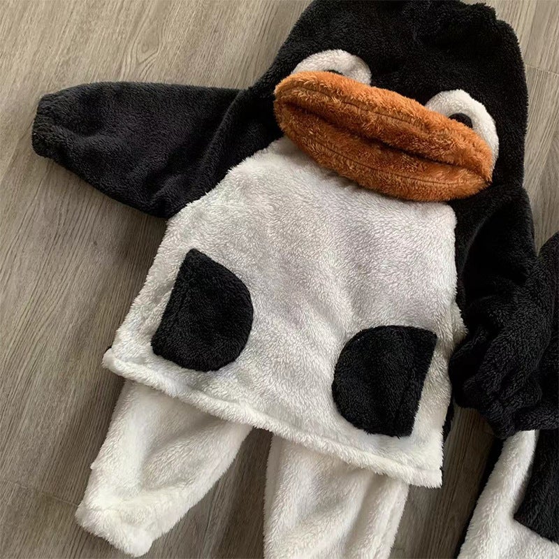 Kids Flannel Pajamas Boys Girls Winter Baby Sleepwear Set D82255 black and white penguin suit 