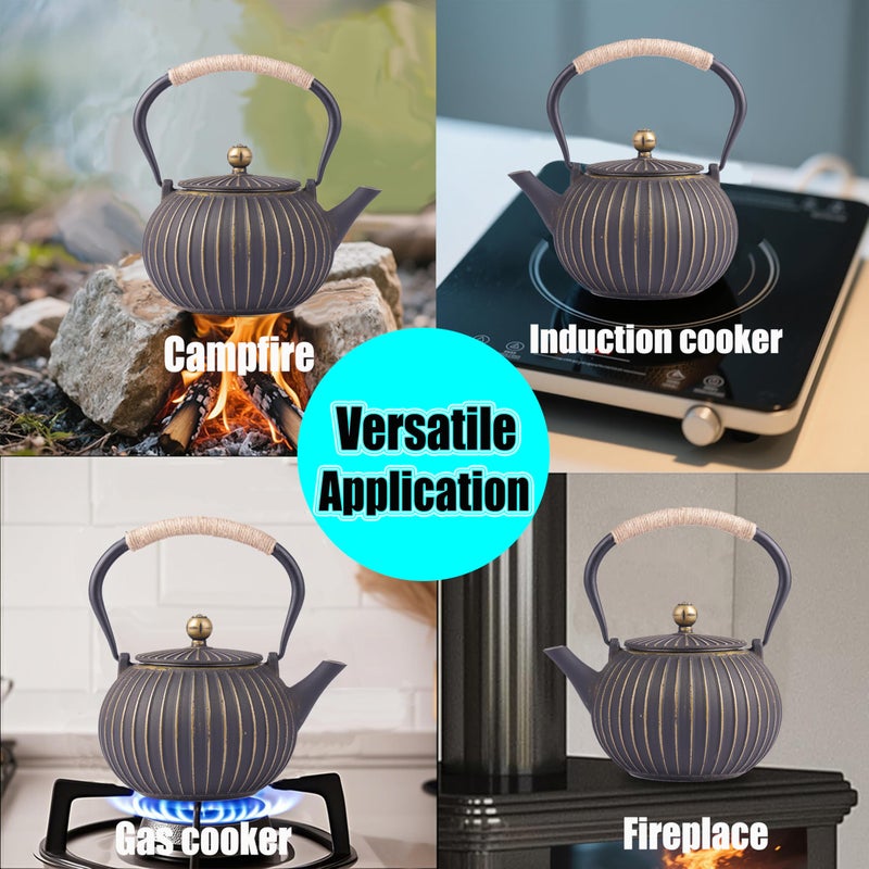 KalraMay Cast Iron Teapot - Japanese Tetsubin 34oz (1000ml) Enamel Coated Interior with Removable Stainless Steel Infuser, Stovetop Safe Tea Kettle for Tea Ceremony, Black Gold - Image 5
