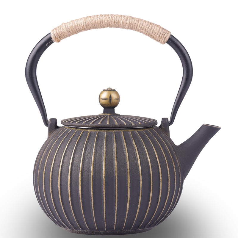 KalraMay Cast Iron Teapot - Japanese Tetsubin 34oz (1000ml) Enamel Coated Interior with Removable Stainless Steel Infuser, Stovetop Safe Tea Kettle for Tea Ceremony, Black Gold - Image 1