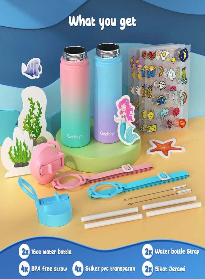 Gonfoam Kids Water Bottle, 2-Pack 16oz Kids Water Bottle with Stickers for School, insulated Stainless Steel Straw Cup(Pink+Blue) - Image 2