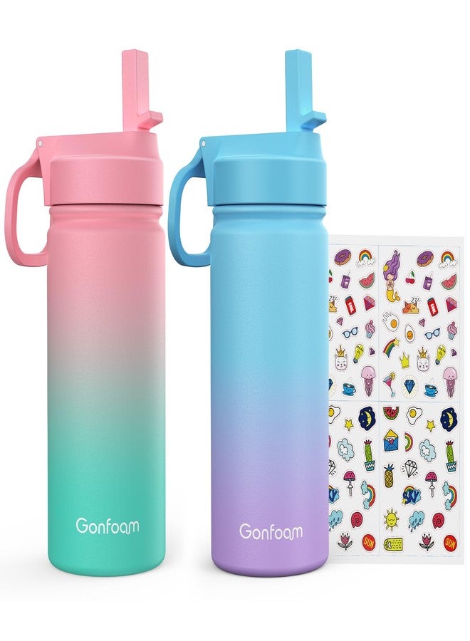 Gonfoam Kids Water Bottle, 2-Pack 16oz Kids Water Bottle with Stickers for School, insulated Stainless Steel Straw Cup(Pink+Blue) - Image 1