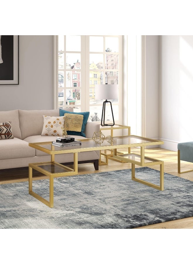 Hometaste Modern Geometric Glass Coffee Table With Tempered Glass Tabletop And Sturdy Metal Frame Center Table For Dining Room Includes Mid Glass Shelf - Contemporary Design Gold