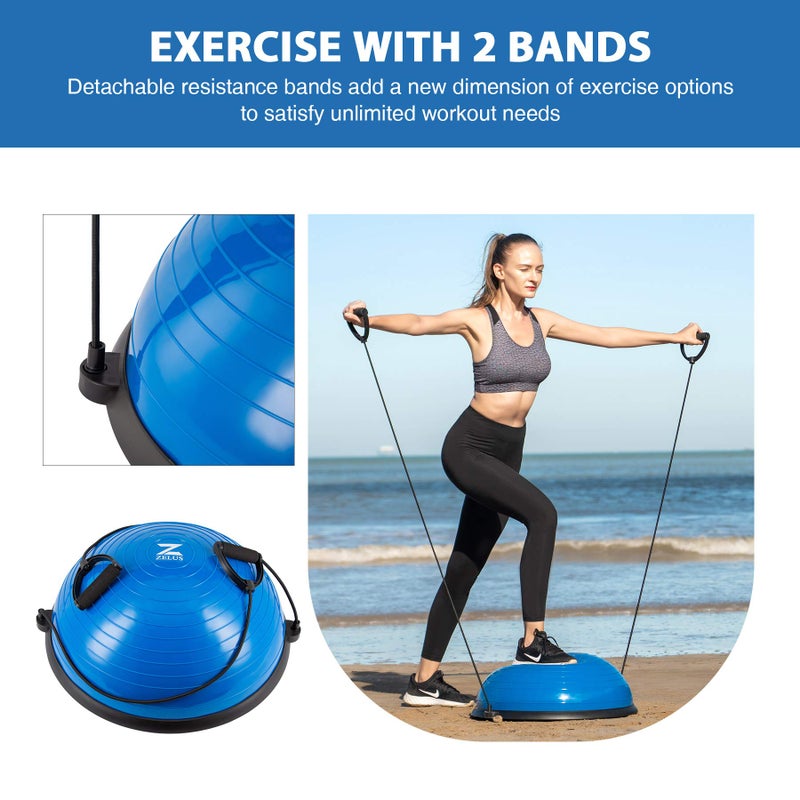 ZELUS Balance Ball Trainer with Resistance Bands and Foot Pump, Inflatable Yoga Ball for Home Gym Workouts, 23 Inch Exercise Half Ball for Balance Training Core Strength Fitness More, 330lb Cap - Image 2