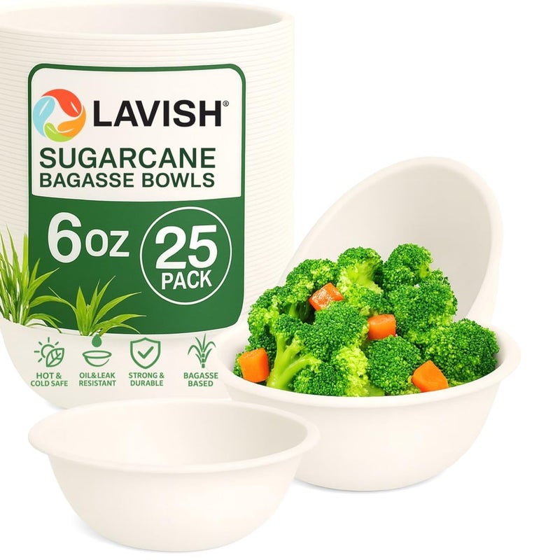 Lavish Sugarcane Bagasse Bowls 6Oz – 25 Pack | Biodegradable & Compostable Disposable Bowls | BPA-Free Eco-Friendly Tableware for Soup, Salad & Snacks - Image 1
