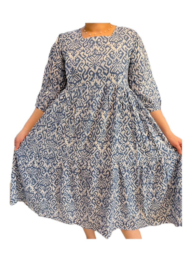 Maternity, Feeding Dress, Square Neck, 3/4 Sleeves, Blue and White, Stylish & Comfortable - Image 1