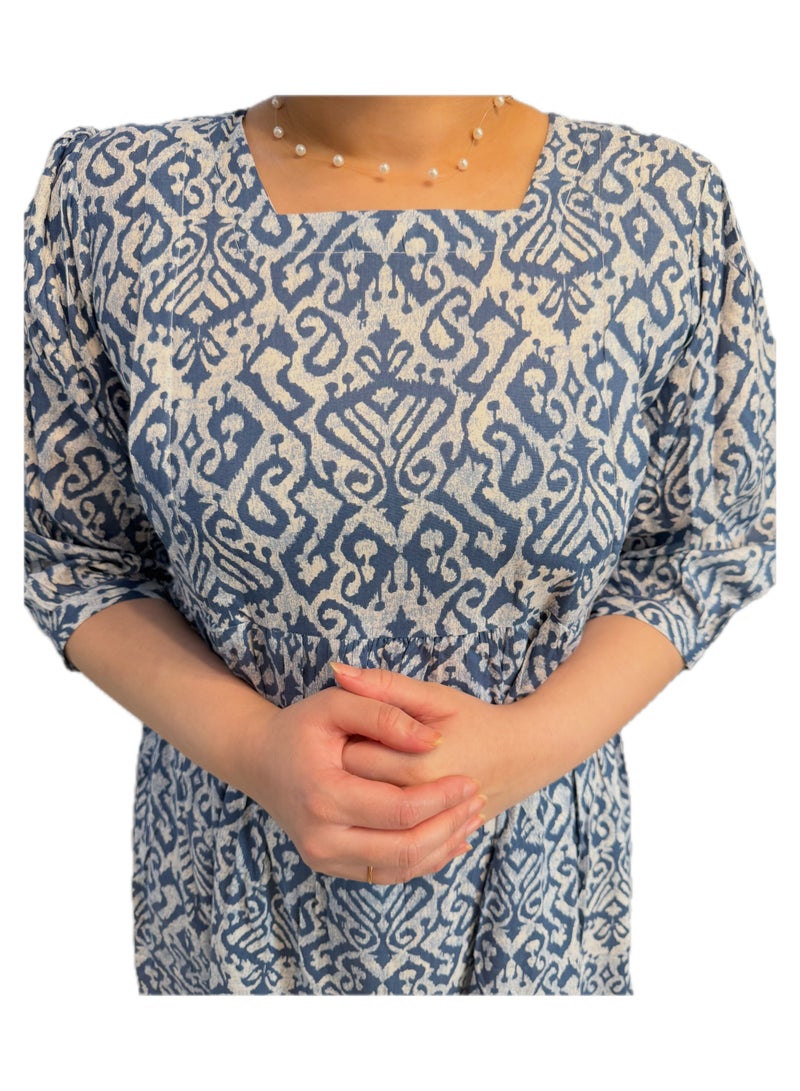 Maternity, Feeding Dress, Square Neck, 3/4 Sleeves, Blue and White, Stylish & Comfortable - Image 3