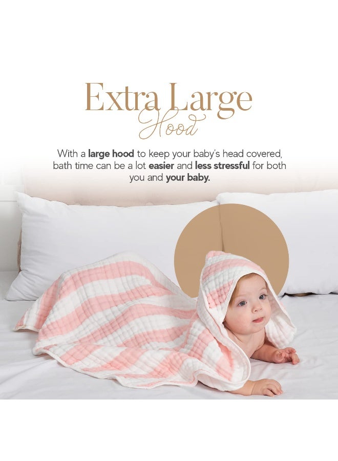 HardNok Muslin Hooded Baby Towel 4 Pack, Preuim Muslin 6 Layers Natural Cotton Baby Bath Towels, Soft and Comfortable for Boys,Girls (32x32,Pink Striped and White) - Image 3