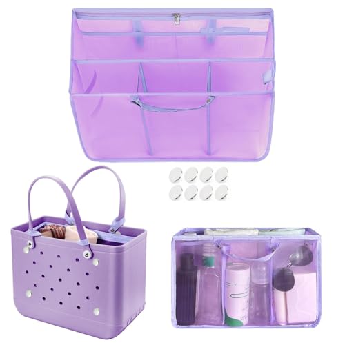 XYFuuee Beach Bag Organizer Inserts for Baby Medium Bogg Bag Accessories with 8 Removable Metal Fasteners Lightweight Mesh Insert Divider Pouch Organizing Rubber Tote Save Storage Space Purple M - Image 1