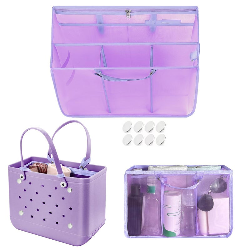 XYFuuee Beach Bag Organizer Inserts for Baby Medium Bogg Bag Accessories with 8 Removable Metal Fasteners Lightweight Mesh Insert Divider Pouch Organizing Rubber Tote Save Storage Space Purple M - Image 2