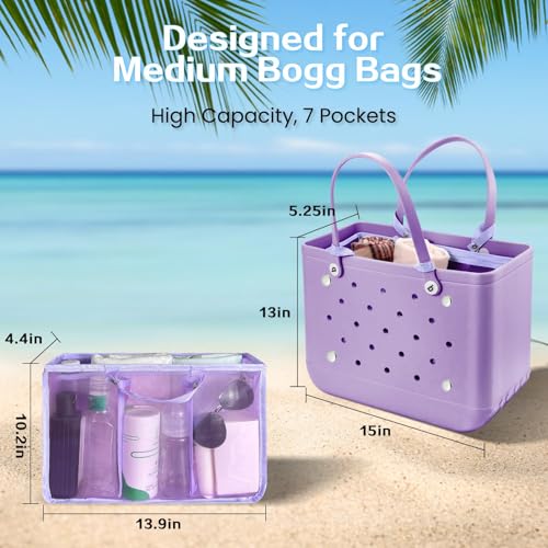 XYFuuee Beach Bag Organizer Inserts for Baby Medium Bogg Bag Accessories with 8 Removable Metal Fasteners Lightweight Mesh Insert Divider Pouch Organizing Rubber Tote Save Storage Space Purple M - Image 3