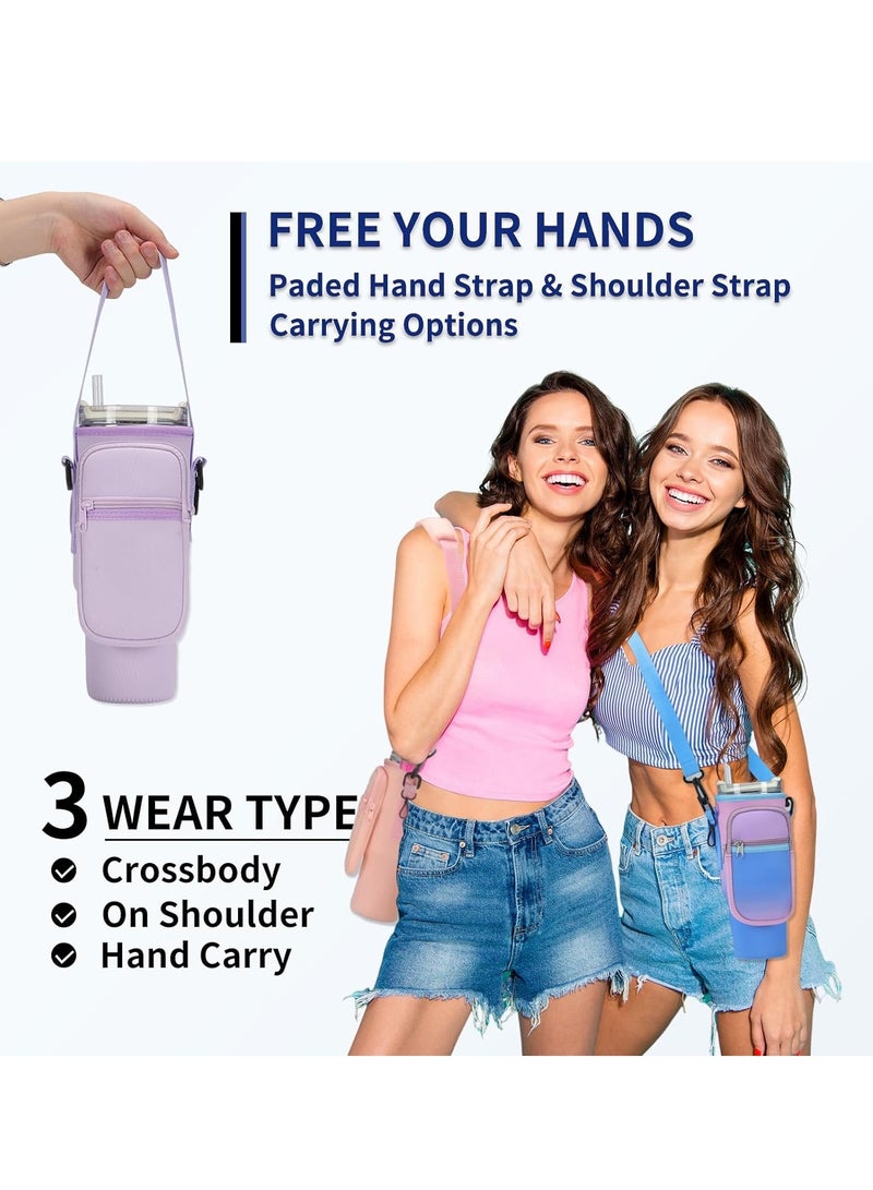 Arabest Water Bottle Carrier Bag with Pouch for 40 oz Tumbler with Handle, Neoprene Water Bottle Holder Pocket with Adjustable Strap, Bottle Pouch for Stanley Cup Accessories (Purple)  - Image 3