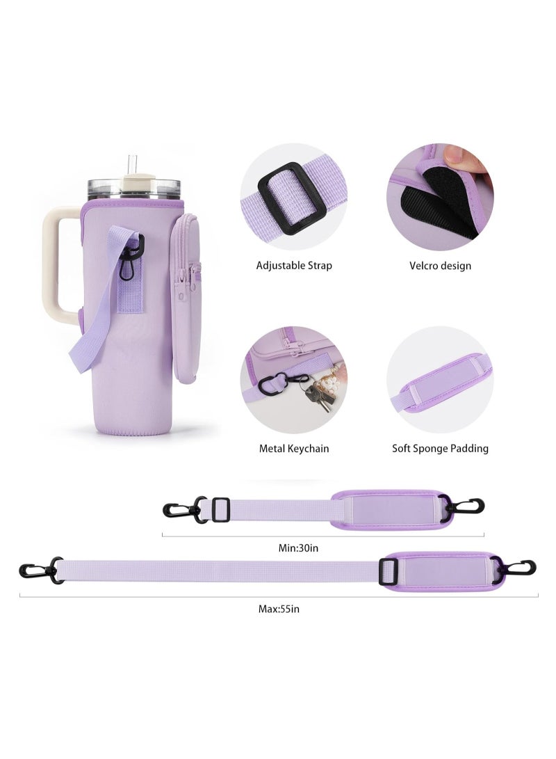 Arabest Water Bottle Carrier Bag with Pouch for 40 oz Tumbler with Handle, Neoprene Water Bottle Holder Pocket with Adjustable Strap, Bottle Pouch for Stanley Cup Accessories (Purple)  - Image 4