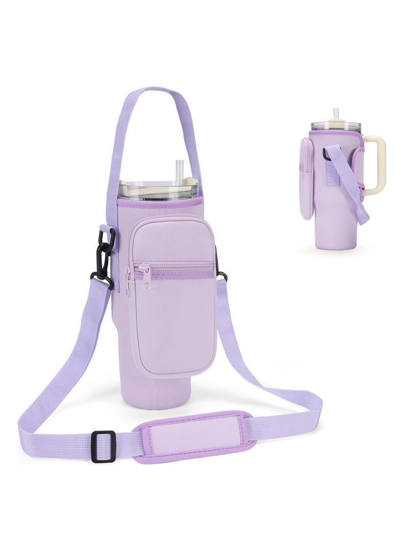 Arabest Water Bottle Carrier Bag with Pouch for 40 oz Tumbler with Handle, Neoprene Water Bottle Holder Pocket with Adjustable Strap, Bottle Pouch for Stanley Cup Accessories (Purple)  - Image 1