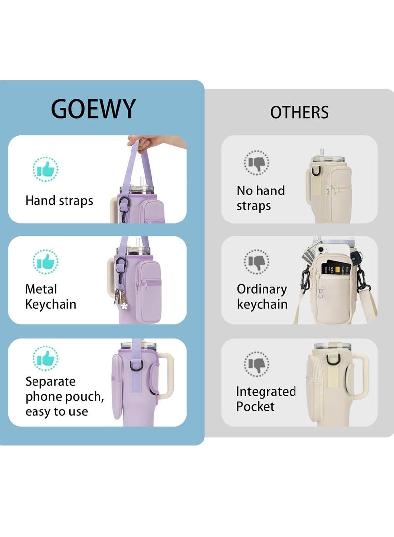 Arabest Water Bottle Carrier Bag with Pouch for 40 oz Tumbler with Handle, Neoprene Water Bottle Holder Pocket with Adjustable Strap, Bottle Pouch for Stanley Cup Accessories (Purple)  - Image 2