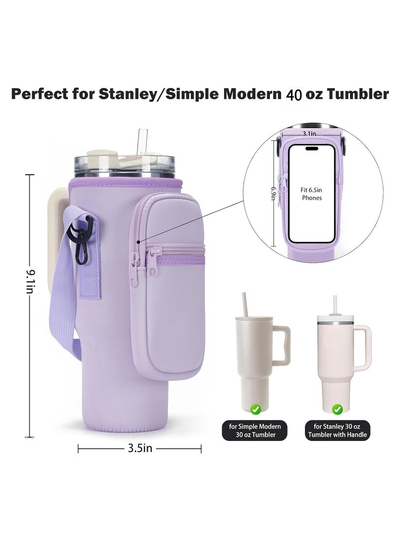 Arabest Water Bottle Carrier Bag with Pouch for 40 oz Tumbler with Handle, Neoprene Water Bottle Holder Pocket with Adjustable Strap, Bottle Pouch for Stanley Cup Accessories (Purple)  - Image 5