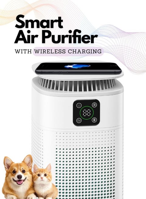 Air Purifier ROKO 3D with Wireless Phone Charge | 2-in-1 HEPA Filter for Clean Air & Fast Charging – Ideal for Home, Office, and Kitchen | Removes Dust, Pet Dander, and Odors | Compact Design, White