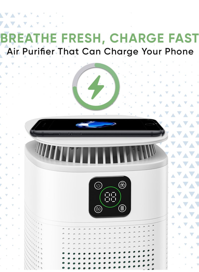 Air Purifier ROKO 3D with Wireless Phone Charge | 2-in-1 HEPA Filter for Clean Air & Fast Charging – Ideal for Home, Office, and Kitchen | Removes Dust, Pet Dander, and Odors | Compact Design, White