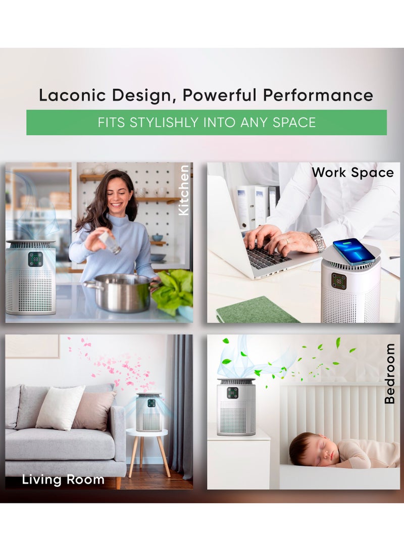 Air Purifier ROKO 3D with Wireless Phone Charge | 2-in-1 HEPA Filter for Clean Air & Fast Charging – Ideal for Home, Office, and Kitchen | Removes Dust, Pet Dander, and Odors | Compact Design, White