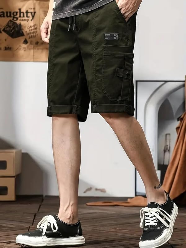 NoseQueen Men Fashion Cotton Shorts Pant for Men, Drawstring Waist Casual Half Pant for Man, Relaxed Fit Green - Image 4