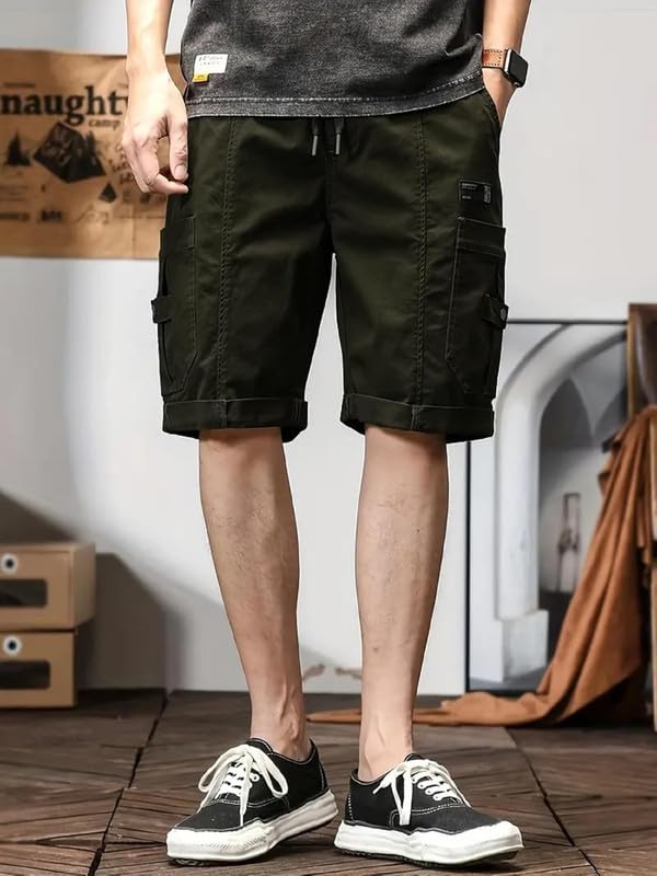NoseQueen Men Fashion Cotton Shorts Pant for Men, Drawstring Waist Casual Half Pant for Man, Relaxed Fit Green - Image 2