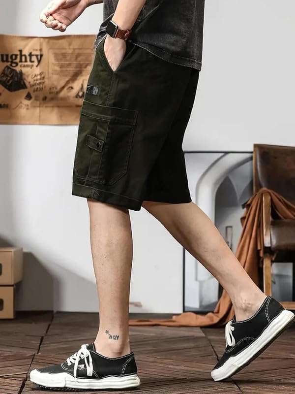 NoseQueen Men Fashion Cotton Shorts Pant for Men, Drawstring Waist Casual Half Pant for Man, Relaxed Fit Green - Image 3