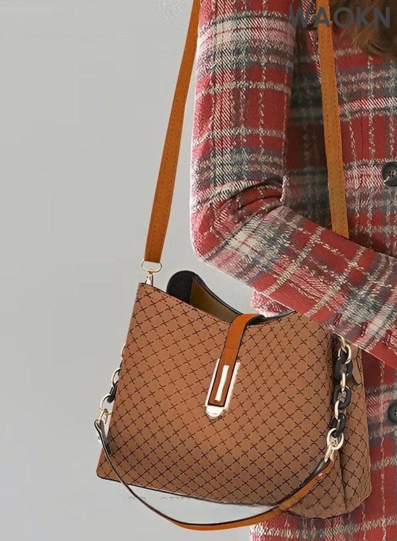 دبليو أيه أو كي أن حقيبة يد كبيرة من الجلد الصناعي، حقيبة كتف واسعة للنساء والرجال، حقيبة أنيقة من الجلد اللامع، حقيبة يد وكتف مقاومة للماء، حقيبة يد نسائية وحقيبة كروس بودي للأم والزوجة، مناسبة للجنسين، حقيبة كروس بودي بسعة كبيرة، مناسبة للتنقل إلى العمل والتسوق، لون بني. - Image 2