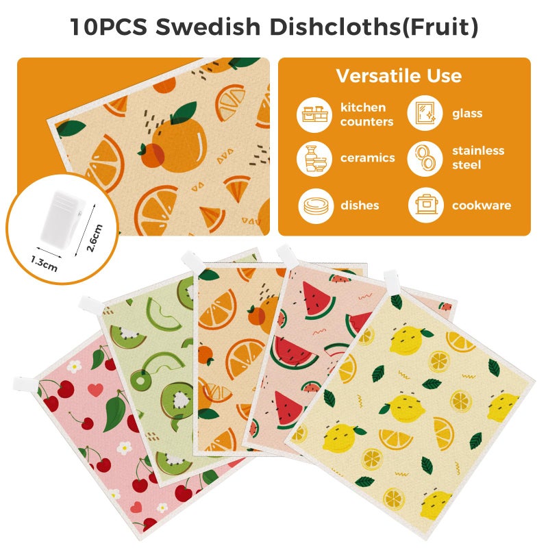wlich 10PCS Swedish Dishcloths for Kitchen, Reusable Paper Towels Washable, Dish Rags for Washing Dishes with Clips, Non-Scratch Kitchen Towels and Dishcloths Sets, Dish Cloths, No Odor(Fruit) - Image 4