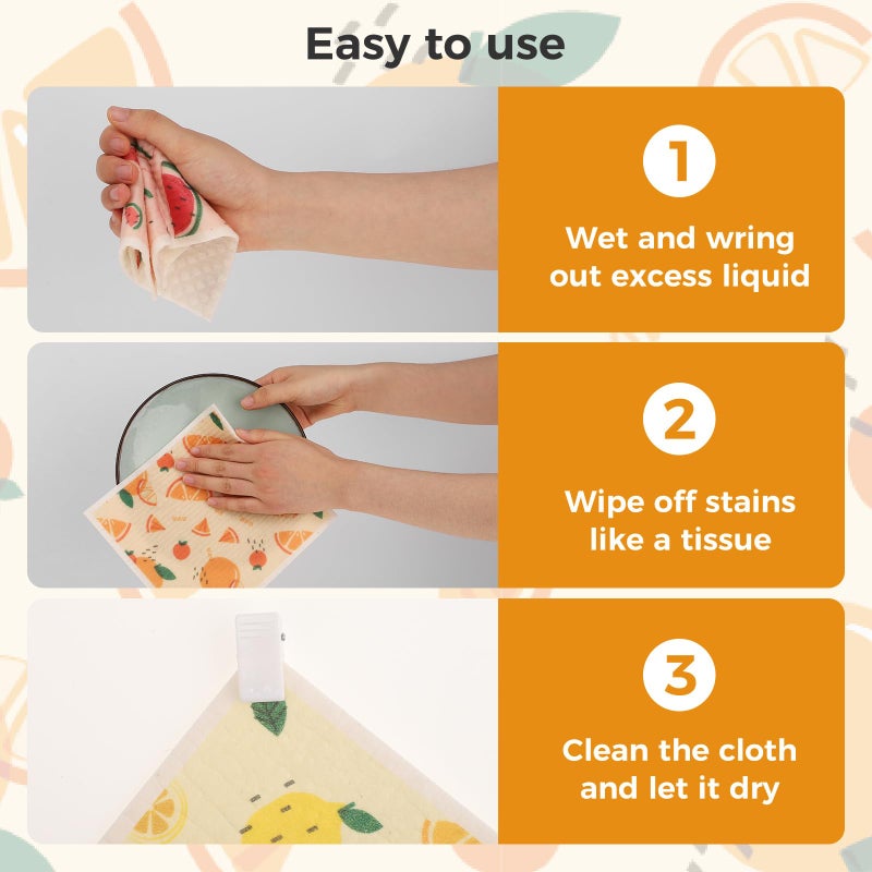 wlich 10PCS Swedish Dishcloths for Kitchen, Reusable Paper Towels Washable, Dish Rags for Washing Dishes with Clips, Non-Scratch Kitchen Towels and Dishcloths Sets, Dish Cloths, No Odor(Fruit) - Image 5