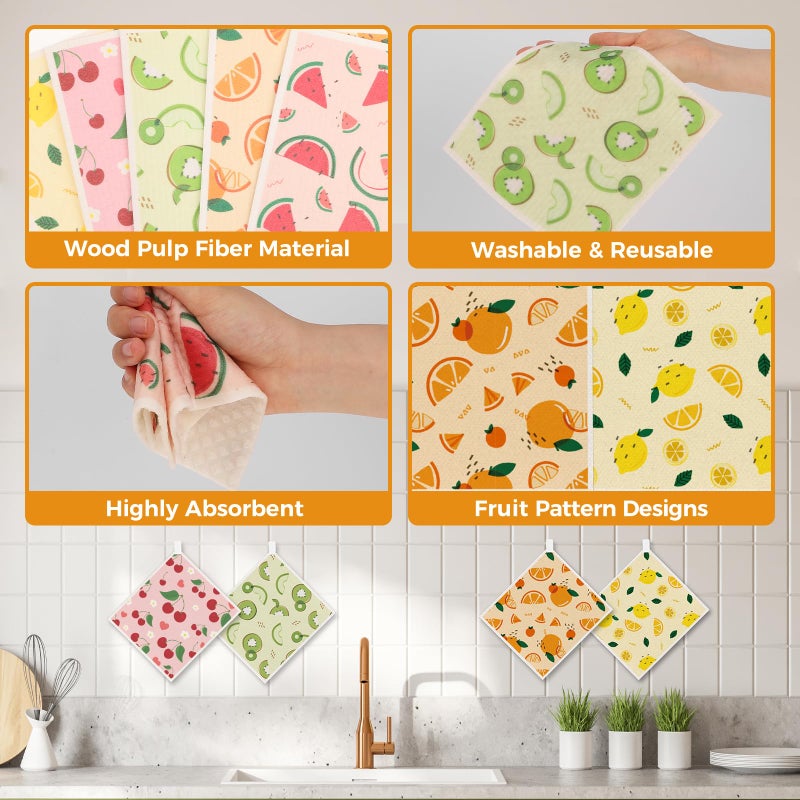 wlich 10PCS Swedish Dishcloths for Kitchen, Reusable Paper Towels Washable, Dish Rags for Washing Dishes with Clips, Non-Scratch Kitchen Towels and Dishcloths Sets, Dish Cloths, No Odor(Fruit) - Image 3