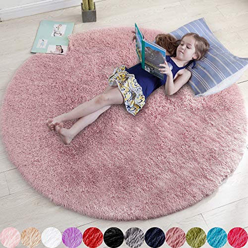 Amdrebio Blush Pink Fluffy Round Rug 4Ft for Bedroom, Fuzzy Furry Circle Area Rugs for Kids Room Decor Aesthetic, Shaggy Circular Carpet for Girls Nursery Dorm Baby Teen, Cute Neutral Dusty Rose Mauve Rug - Image 1